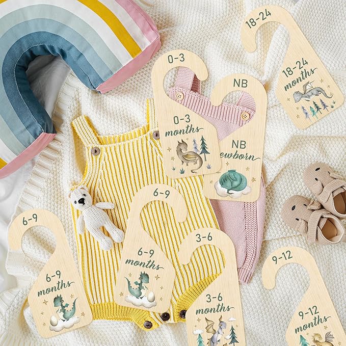 R HORSE Wooden Baby Closet Dividers - 8Pcs Dragon Baby Closet Organizer, Double-Sided Newborn Clothes Size Hanger Dividers, N