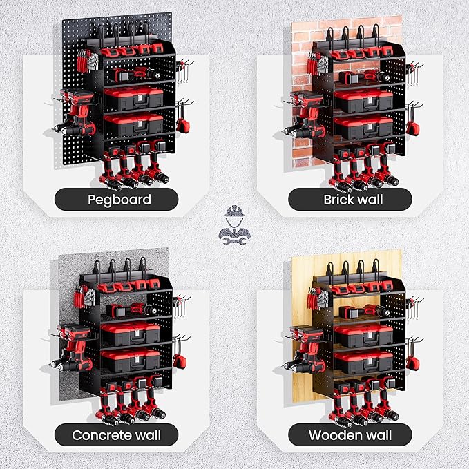 TRZZ Power Tool Organizer Wall Mount, 5-Layer Charging Station with 8 Outlets, 6 Drill Holders, 2 Side Pegboards, and Drill B