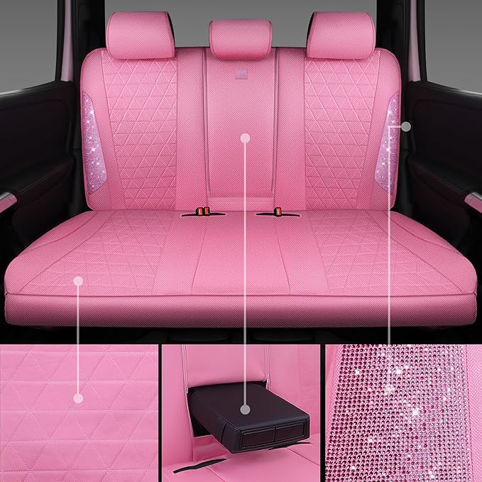 CAR PASS Pink Oxford Bling Diamond Car Seat Covers Full Set Interior Sets, Waterproof Shining Glitter Sparkly Crystal Univers
