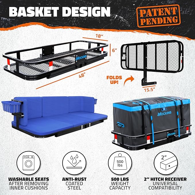 Mockins 2-in-1 Trailer Hitch Cargo Carrier Bench 48"x18"x6" w/ 15 CuFt Waterproof Truck Bed Storage Bag | 500 Lb Capacity Folding Cargo Hitch Carrier Tailgate Seat Bundle w/Stabilizer, Straps, & Lock