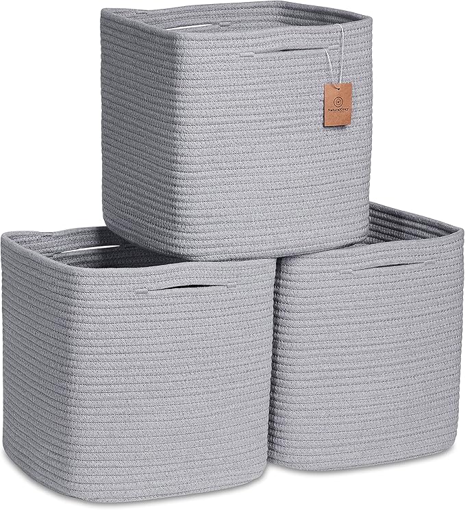 NaturalCozy Storage Cubes 11 Inch Cotton Rope Woven Baskets for Organizing, 3-Pack | Cube Storage Bin | Square Storage Basket