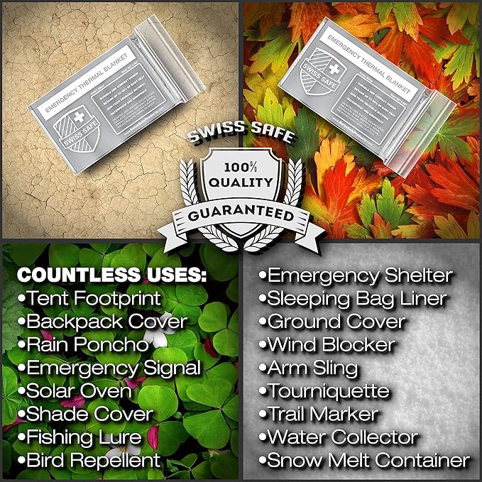 Swiss Safe Emergency Mylar Thermal Blankets + Bonus Space Blanket - Compact & Insulated for Cold Weather - Designed for NASA,