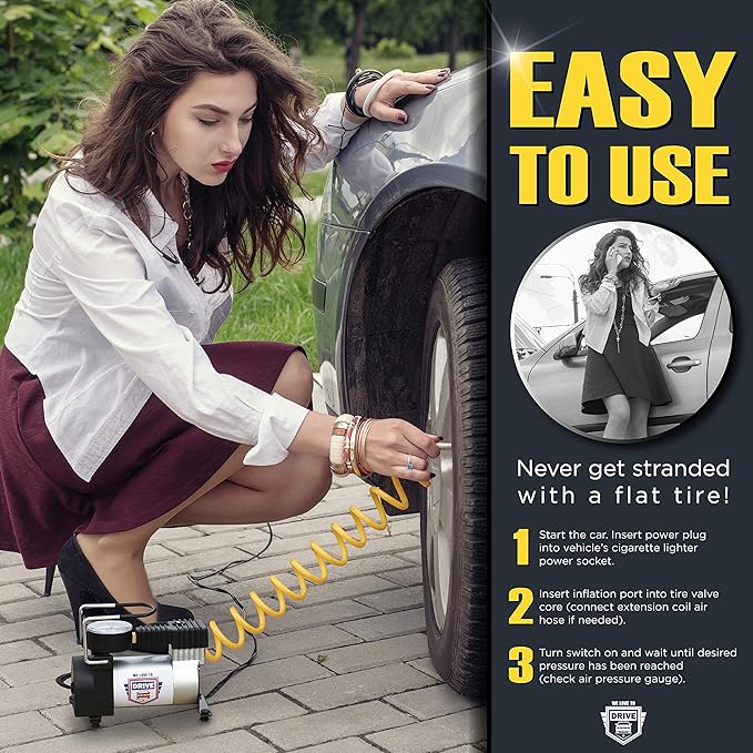 Tire Inflator Portable Air Compressor – 12V DC Air Pump for Car Tires, 150 PSI Electric Air Pump with Tyre Pressure Gauge – Corded Yellow by WE LOVE TO DRIVE