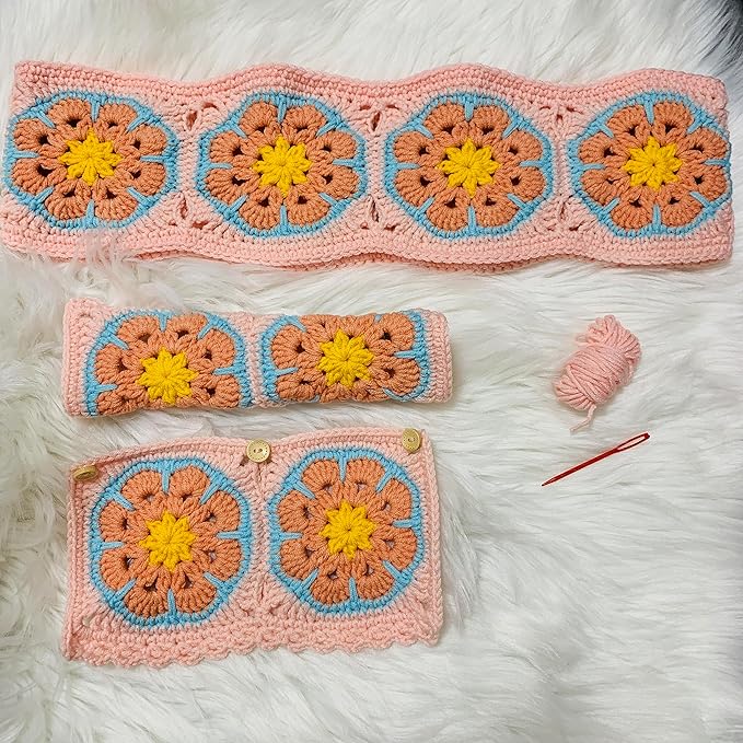 Handmade Crochet Steering Wheel Cover Sakura Pink Galsang Flower Seat Belt Cover, Car Interior Accessories Decorations. (Steering Wheel Cover)