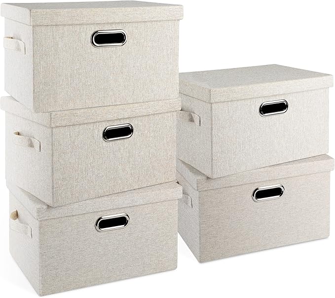 Graciadeco Medium 15" 21 Quart Collapsible Stackable Storage Bins with Lids, 5 Packs Beige Foldable Fabric Closet Boxes Heavy