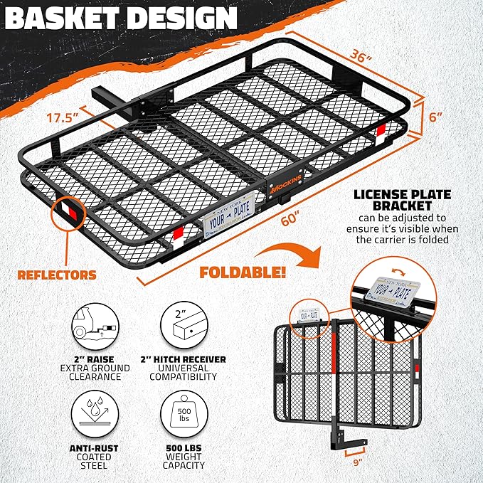 Mockins 60"x36"x6" XL Folding Trailer Hitch Cargo Carrier & 35 Cu.Ft. Tow Hitch Cargo Carrier Bag | 500 Lbs. Capacity Luggage Rack for SUV Car Truck & Soft Waterproof Trailer Rack Bag with Accessories