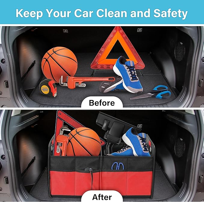 Simple Deluxe Trunk Organizer for Car/SUV/Truck, Collapsible 2 Compartment 50L Automotive Storage Box with 5 Pocket, 600D
