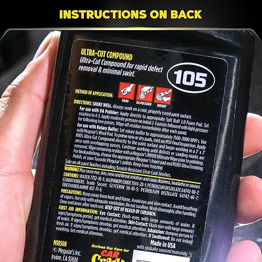 Meguiar’s Mirror Glaze M105 Ultra-Cut Compound, Pro-Grade Car Compound for Removing Scratches and Heavy Swirls, Restores Gloss and Clarity, Car Guy Gifts for Men and Women Who Love to Detail, 8 Oz