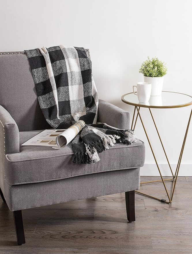 DII Buffalo Check Collection Rustic Farmhouse Throw Blanket with Tassles, 50x60, Black/White