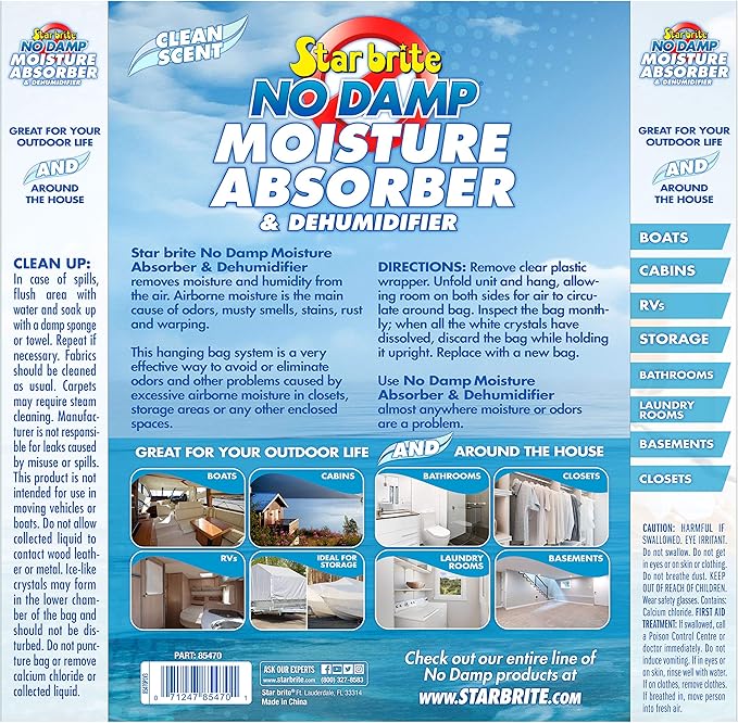STAR BRITE No Damp Moisture Absorber & Dehumidifier Hanging Bag - Simple, Portable, Humidity Control for Boats, RVs,