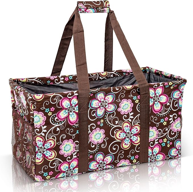 Extra Large Utility Tote Bag - Oversized Collapsible Reusable Wire Frame Rectangular Canvas Basket With Two Exterior Pockets For Beach, Pool, Laundry, Car Trunk, Storage - Brown Daisy