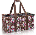 Extra Large Utility Tote Bag - Oversized Collapsible Reusable Wire Frame Rectangular Canvas Basket With Two Exterior Pockets For Beach, Pool, Laundry, Car Trunk, Storage - Brown Daisy