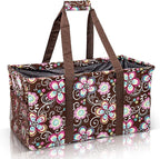Extra Large Utility Tote Bag - Oversized Collapsible Reusable Wire Frame Rectangular Canvas Basket With Two Exterior Pockets For Beach, Pool, Laundry, Car Trunk, Storage - Brown Daisy