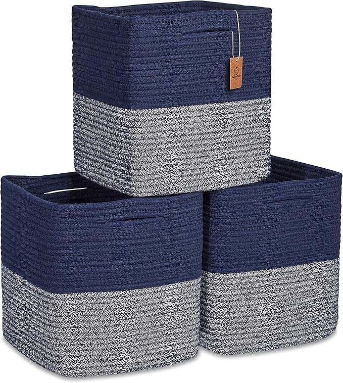 NaturalCozy Storage Cubes 11 Inch Cotton Rope Woven Baskets for Organizing, 3-Pack | Cube Storage Bin | Square Storage Basket