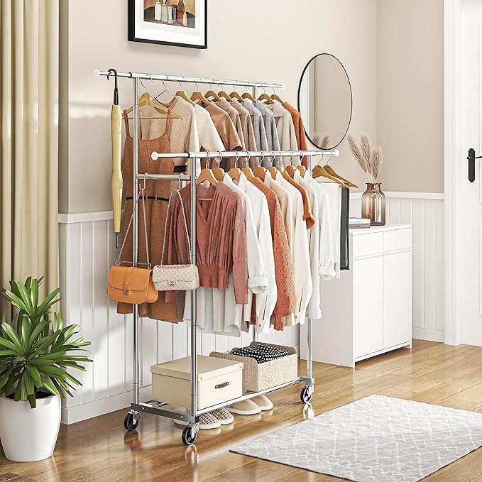 Simple Trending Double Rod Clothing Garment Rack, Rolling Clothes Organizer on Wheels for Hanging Clothes,with 4 hooks, Chrom