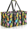 Extra Large Utility Tote Bag - Oversized Collapsible Reusable Wire Frame Rectangular Canvas Basket With Two Exterior Pockets For Beach, Pool, Laundry, Car Trunk, Storage - Pineapple