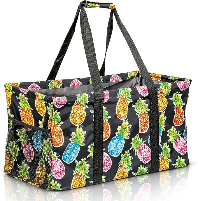 Extra Large Utility Tote Bag - Oversized Collapsible Reusable Wire Frame Rectangular Canvas Basket With Two Exterior Pockets For Beach, Pool, Laundry, Car Trunk, Storage - Pineapple