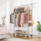 Simple Trending Double Rod Clothing Garment Rack, Rolling Clothes Organizer on Wheels for Hanging Clothes,with 4 hooks, Chrom
