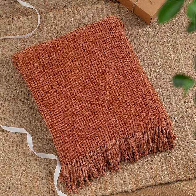 BATTILO HOME Rust Orange Throw Blanket for Couch, Soft Chenille Knit Throws with Tassels for Home Decor, Fall Caramel Throws 