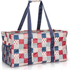 Extra Large Utility Tote Bag - Oversized Collapsible Reusable Wire Frame Rectangular Canvas Basket With Two Exterior Pockets For Beach, Pool, Laundry, Car Trunk, Storage - Patriotic Americana