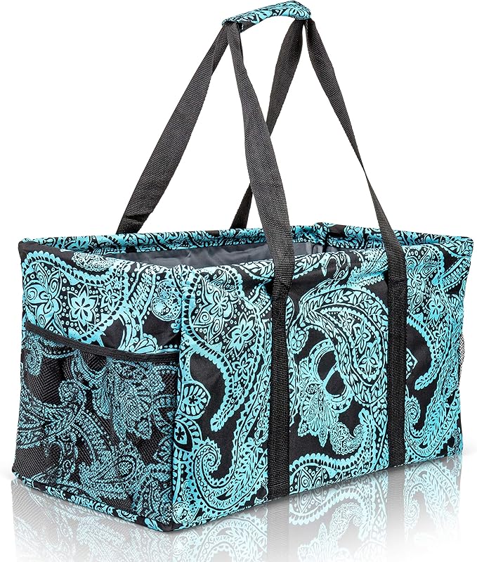 Extra Large Utility Tote Bag - Oversized Collapsible Reusable Wire Frame Rectangular Canvas Basket With Two Exterior Pockets For Beach, Pool, Laundry, Car Trunk, Storage - Paisley Blue