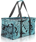 Extra Large Utility Tote Bag - Oversized Collapsible Reusable Wire Frame Rectangular Canvas Basket With Two Exterior Pockets For Beach, Pool, Laundry, Car Trunk, Storage - Paisley Blue