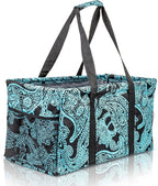 Extra Large Utility Tote Bag - Oversized Collapsible Reusable Wire Frame Rectangular Canvas Basket With Two Exterior Pockets For Beach, Pool, Laundry, Car Trunk, Storage - Paisley Blue
