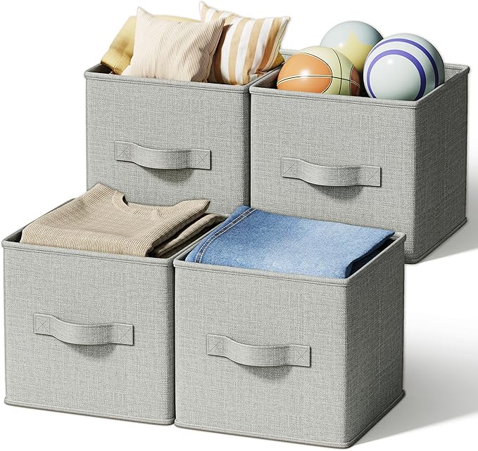 LayerSpace 4 Pack Foldable Fabric Closet Storage Bins, 11Inch Organizer Cubes with Handles, Linen Storage Boxes for Clothes, 