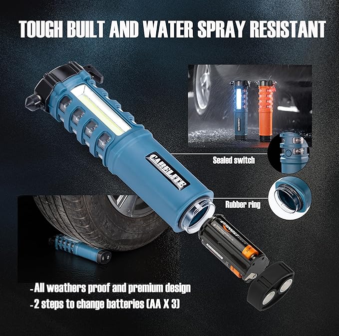 Emergency Car Flashlight with Seatbelt Cutter and Window Breaker, LED Work Light & Flash Beacon, Life-Saving Car Escape Tool 