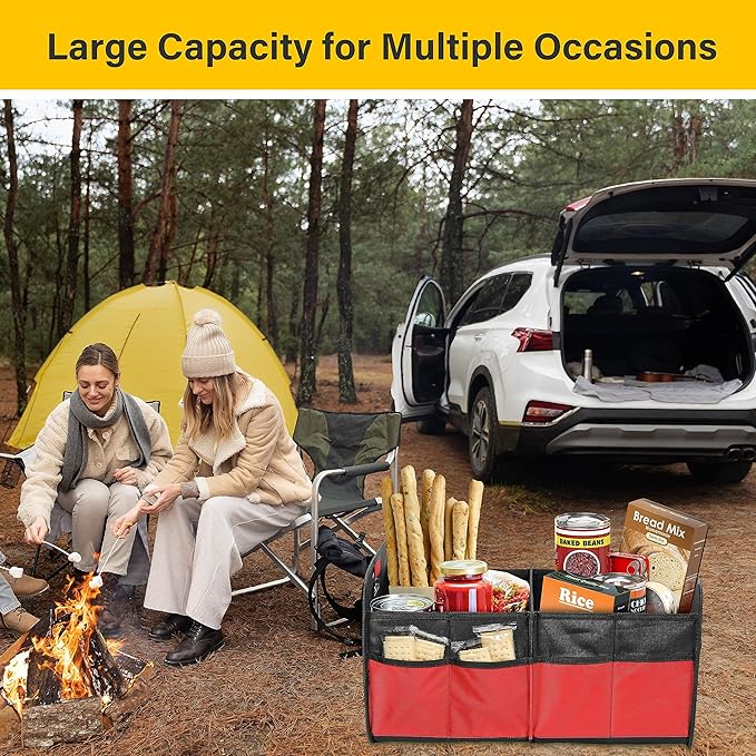 YSSOA 2 Compartments Car Trunk Organizer, 600D Oxford Polyester Car Storage, Anti-slip 14" D x 22" W x 12" H Collapsible