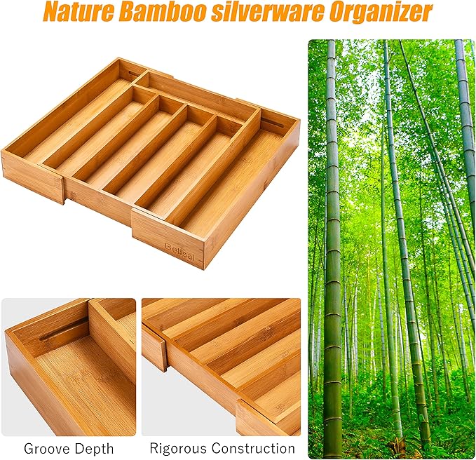 Bellsal Silverware Organizer Kitchen Drawer Organizer Expandable Bamboo Utensil Holder Cutlery Tray for Kitchen Utensil and F