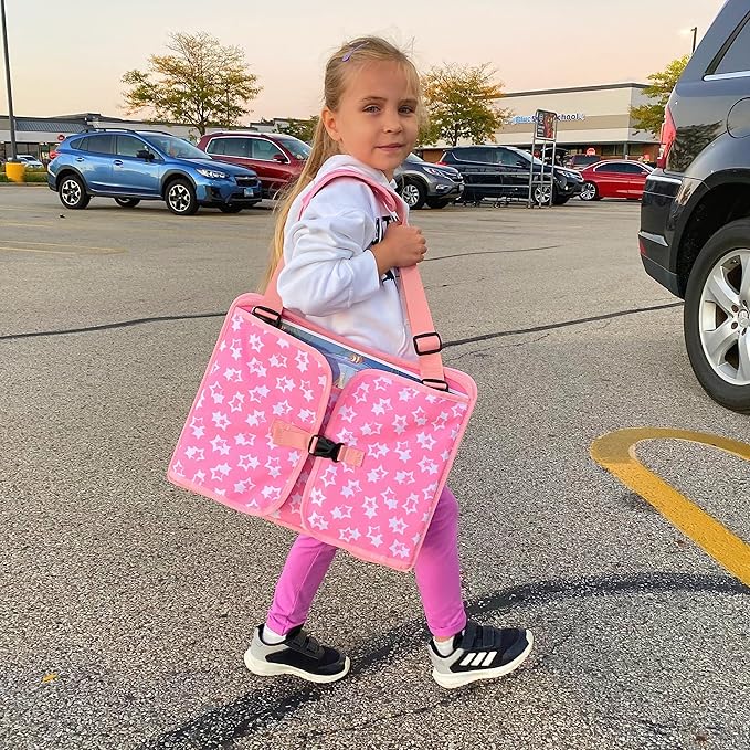 MENZOKE Kids Travel Tray for Toddler Car Seat, Road Trip Activities for Kids with iPad Holder Stand & Dry Erase Board, Road Trip Essentials Accessories Lap Tray as Travel Gifts for Kid, Pink