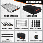 Mockins XXL 90"x50"x6" Heavy Duty Roof Rack Cargo Carrier w/ 50 CuFt Waterproof Rooftop Cargo Bag for Top of Car | All-Weather 250 Lbs Cap Car Top Carrier Roof Basket for SUV RV Van w/Accessories