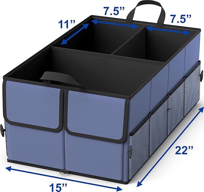 EPAuto Foldable Car Trunk Organizer for SUV, 3-Compartment with Removable Divider, Blue