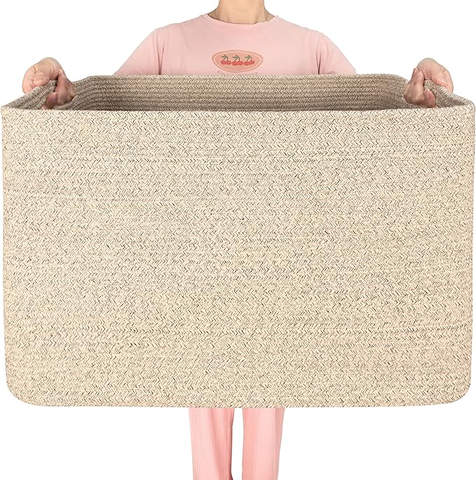 MINTWOOD Design 112L Extra Large Blanket Basket Holder Living Room, 25"x17"x16" Rectangle Rope Woven Storage Basket with Hand