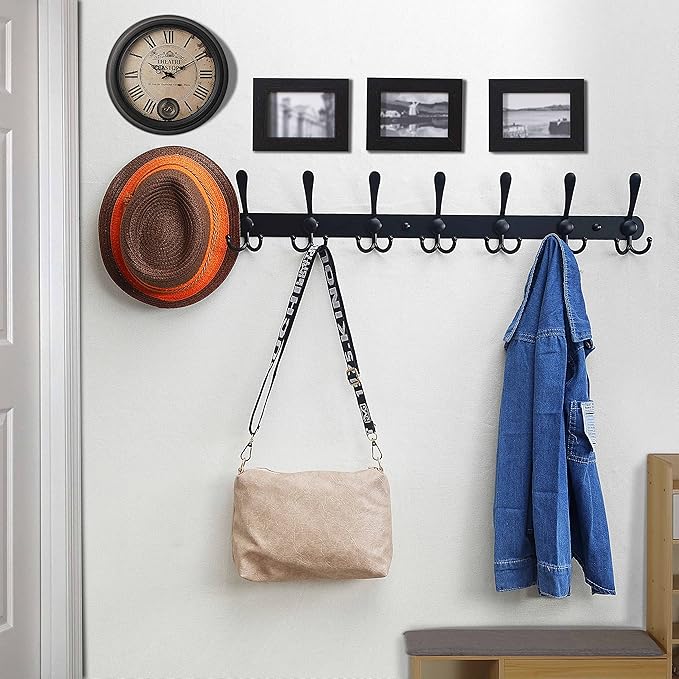 Dseap Coat Rack Wall Mount - 29.5” Long 8-Tri-Hooks Heavy Duty Coat Hanger Rail Wall Hooks for Hanging Coats Hats Clothing Cl