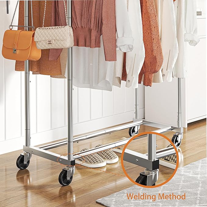 Simple Trending Double Rod Clothing Garment Rack, Rolling Clothes Organizer on Wheels for Hanging Clothes,with 4 hooks, Chrom