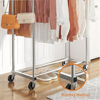 Simple Trending Double Rod Clothing Garment Rack, Rolling Clothes Organizer on Wheels for Hanging Clothes,with 4 hooks, Chrom