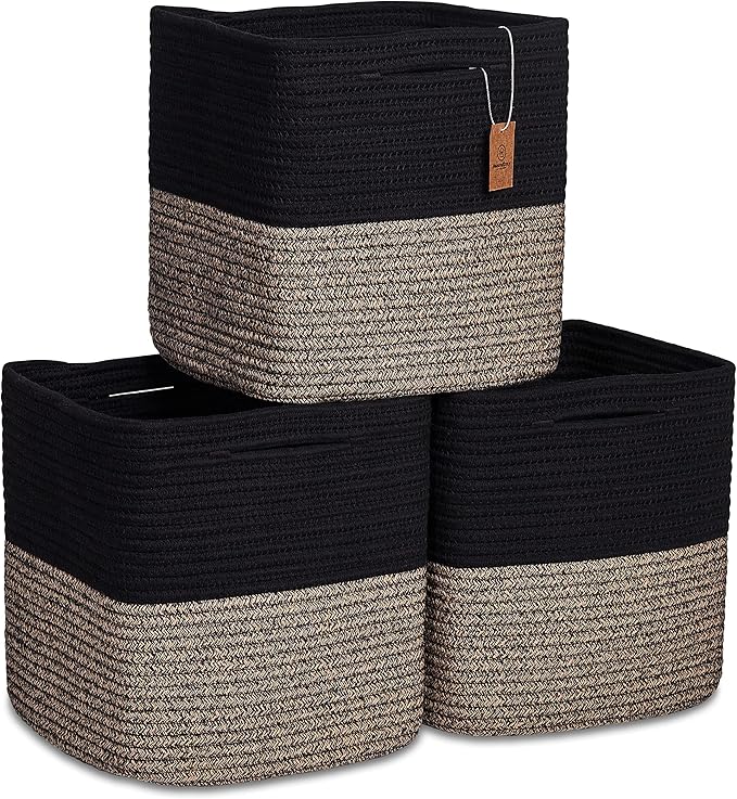 NaturalCozy Storage Cubes 11 Inch Cotton Rope Woven Baskets for Organizing, 3-Pack | Cube Storage Bin | Square Storage Basket