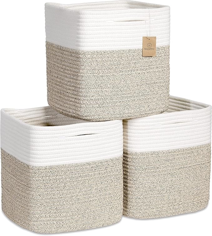 NaturalCozy Storage Cubes 11 Inch Cotton Rope Woven Baskets for Organizing, 3-Pack | Cube Bin Square Shelves Organizer, Class