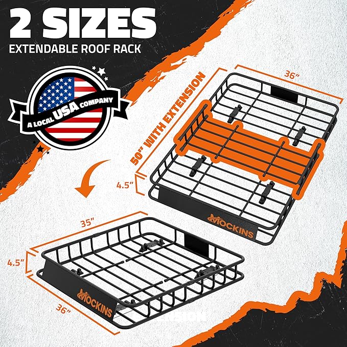Mockins 50"x36"x4.5" Extendable Car Rooftop Cargo Carrier Rack | 250 Lbs. Capacity Weatherproof Steel Universal Roof Rack Basket | Heavy Duty Car Roof Cargo Carrier Set w/Ratchet Straps & Bungee Net
