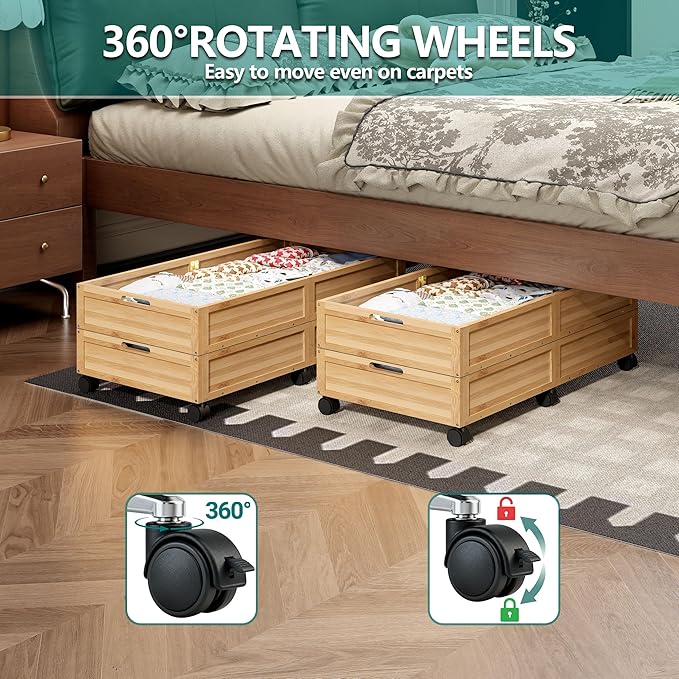 Wood Under Bed Storage Containers Underbed Organizer with Wheels Sturdy Wood Rolling Under Bed Shoe Storage Organizer 2 Packs