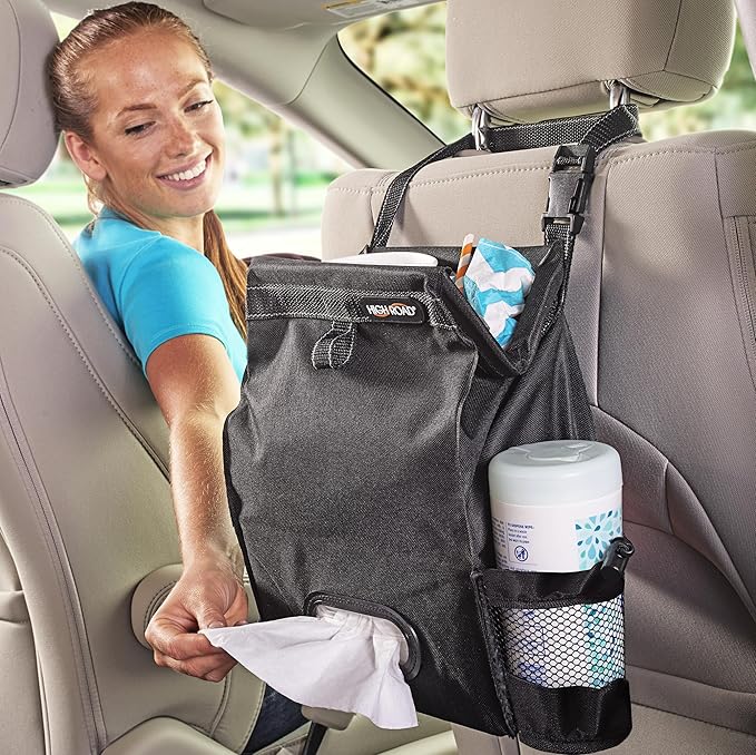 High Road Car Organizer with Car Trash Bin and Tissue Holder - Holds Full Size Tissue Box, Bottles and Wipe Containers - 2 Gal Leakproof Covered Trash Can with Push-Close Lid