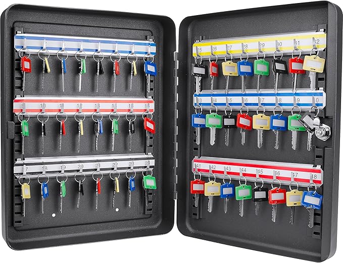 Barska 48-Position Key Cabinet Lock Box – Wall Mount with Key Lock, Adjustable Numbered Hooks & Color-Coded Key Tags for Home