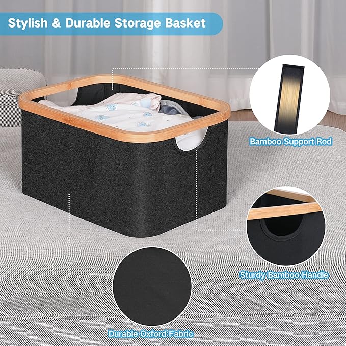 efluky Storage Baskets for Organizing, Fabric Storage Bins with Bamboo Handles, Collapsible Storage Baskets for Shelves and C