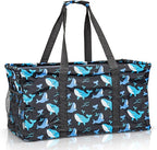 Extra Large Utility Tote Bag - Oversized Collapsible Reusable Wire Frame Rectangular Canvas Basket With Two Exterior Pockets For Beach, Pool, Laundry, Car Trunk, Storage - Whale
