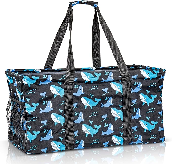 Extra Large Utility Tote Bag - Oversized Collapsible Reusable Wire Frame Rectangular Canvas Basket With Two Exterior Pockets For Beach, Pool, Laundry, Car Trunk, Storage - Whale