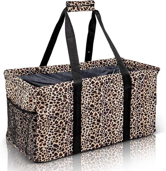 Extra Large Utility Tote Bag - Oversized Collapsible Reusable Wire Frame Rectangular Canvas Basket With Two Exterior Pockets For Beach, Pool, Laundry, Car Trunk, Storage - Leopard