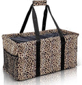 Extra Large Utility Tote Bag - Oversized Collapsible Reusable Wire Frame Rectangular Canvas Basket With Two Exterior Pockets For Beach, Pool, Laundry, Car Trunk, Storage - Leopard