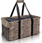 Extra Large Utility Tote Bag - Oversized Collapsible Reusable Wire Frame Rectangular Canvas Basket With Two Exterior Pockets For Beach, Pool, Laundry, Car Trunk, Storage - Leopard